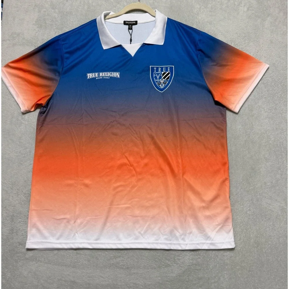 True Religion Relaxed Ombre Soccer Jersey Mens 3XL Blue Orange Ombre